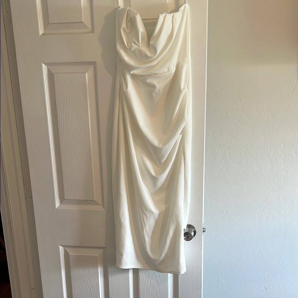 Selfie Leslie Cream Strapless Asymmetrical Sheath Dress